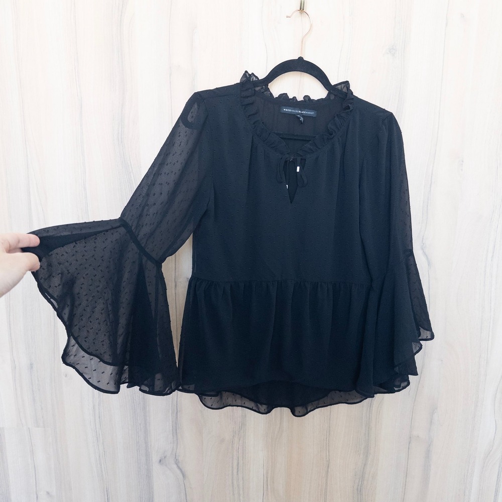 WHBM Womens Ruffle Swiss Dot Blouse Size 6 Black Whimsigoth Victorian Witchy
